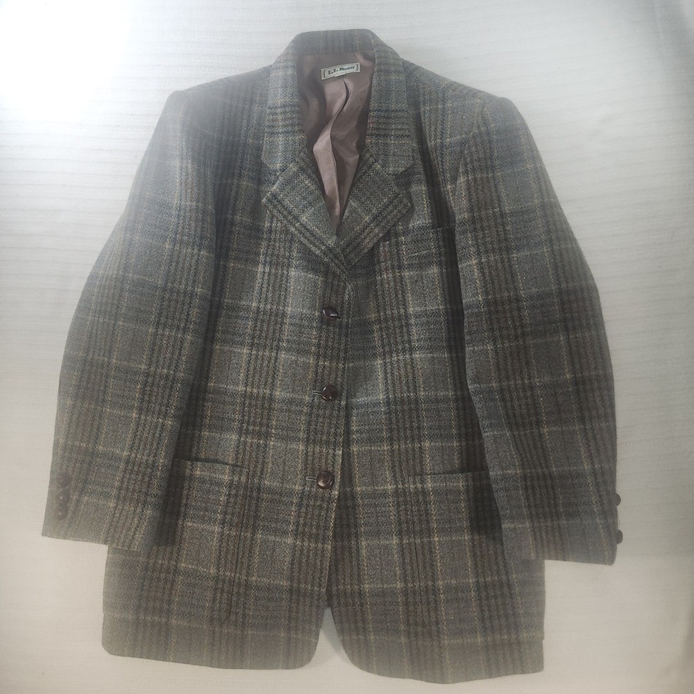 L.L. Bean Vintage Wool Plaid Blazer Jacket Made in USA Green Brown 12 Petite - Picture 2 of 8